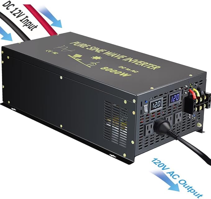WZRELB 8000W 12V 120V Pure Sine Wave Power Inverter 4 AC Outlets Wired Remote Control,RV, Camping (RBH-800012WR)