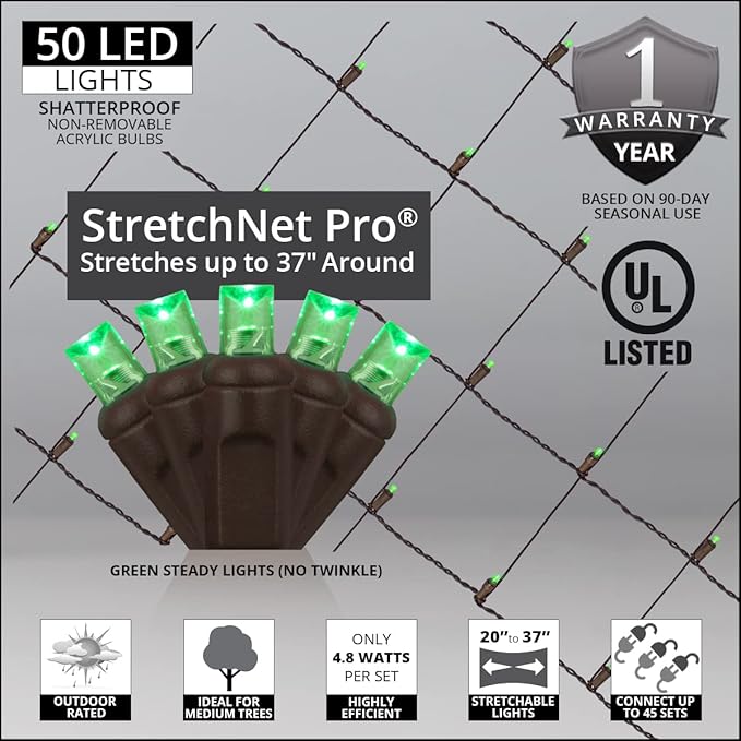Green StretchNet Pro 5mm LED Trunk Wrap Lights on Brown Wire