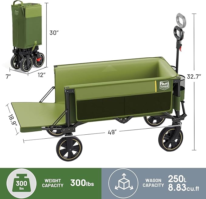 TIMBER RIDGE 49" Extra Long Collapsible Folding Wagon with Tailgate and Brakes, 300lbs Heavy Duty Wagon Carts Foldable, 250L Capacity Portable Cart for Dogs, Garden, Outdoor Camping Sports, Green