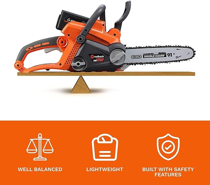 Redback Battery Powered Chainsaw Reliable 40V Cordless Chainsaw with 10m/s Chain Speed Gas Chainsaw Alternative Modern Lawn Care Equipment for Felling and Bucking with 2.0AH Battery Charger
