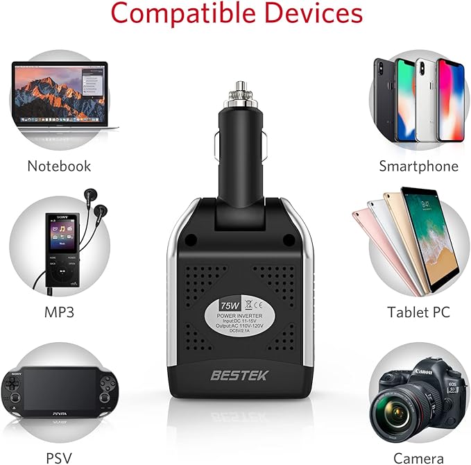 BESTEK 75W Power Inverter DC 12V to 110V AC Car Inverter Power Converter