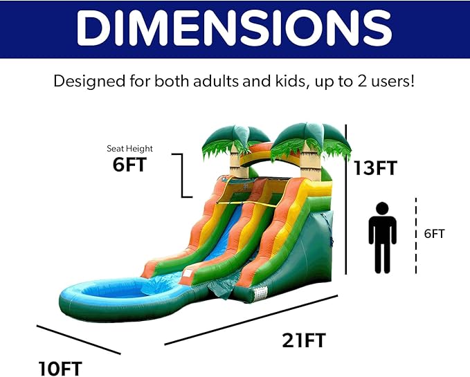HeroKiddo Summer Breeze Commercial Grade Lightweight Premium Water Slide with Detachable Pool for Kids 5-12 and Adults (with Blower), Wet Dry, Rental Quality Blow Up Inflatable, Outdoor Indoor