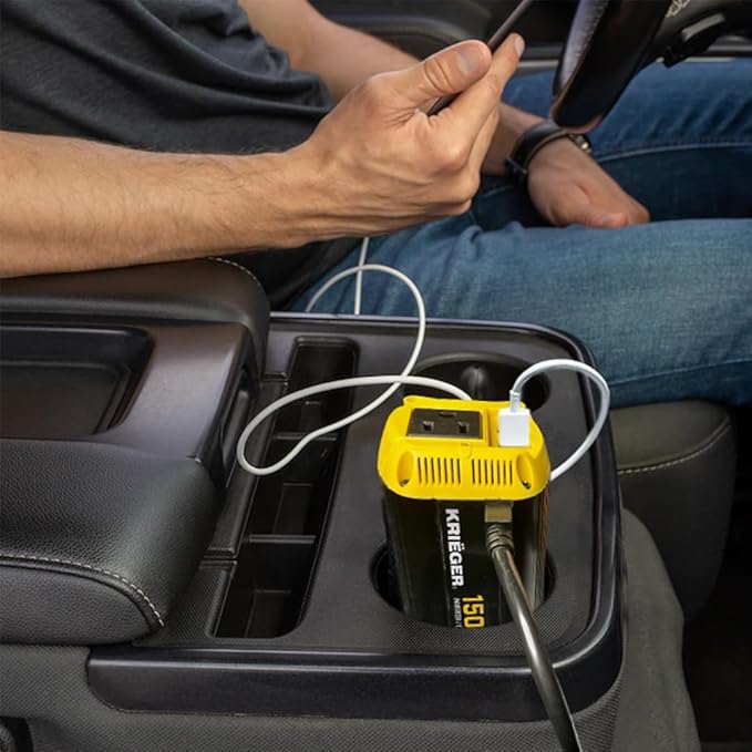 K KRIËGER 150 Watt Pure Sine Wave Power Inverter, 12V Car Charger with Plug Outlet, Inverter with Dual USB Ports (Quick Charge 3.0), AC Outlet & DC Cord Included - ETL Approved Under UL STD 458