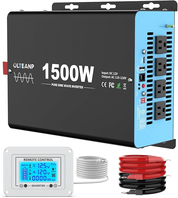 New Upgraded 1500 Watts Pure Sine Wave Inverter, 12V DC to 110V AC Power Inverter with 4 AC Outlets, USB Port, Type-C Port for Truck, Vehicle, Power Outage, Remote Control with LCD Screen