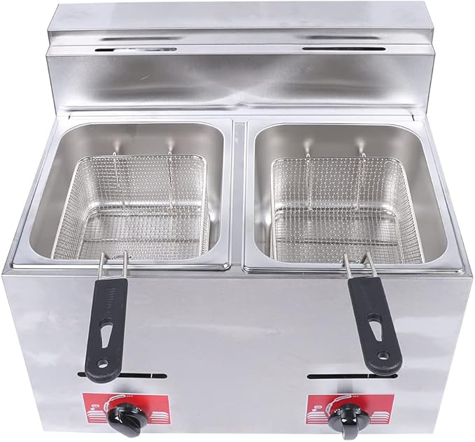 Gas Fryer, 2 * 5.3QT Commercial Large Propane Fryer Table Top Gas Fryer with 2 Baskets & 2 Lids, Stainless Steel Deep Double Cylinder Gas Fryer, Countertop Propane Fryers for Home Kitchen