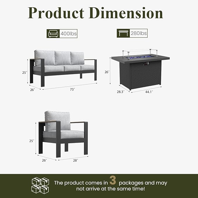 LayinSun 4 Piece Aluminum Outdoor Furniture Set with Fire Pit Table, Outside Patio Deep Seating Conversation Set with Upgraded Washable Thick Cushion