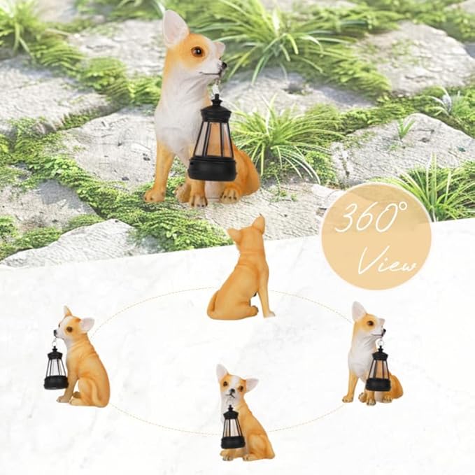 Chihuahua Garden Statues with Solar Lantern, Outdoor Figurine Resin Sculpture Hanging Solar Power Lights for Decoration Yard Patio Balcony Lawn Ornament Art Decor, Unique Gift for Grandma Wowen Mom