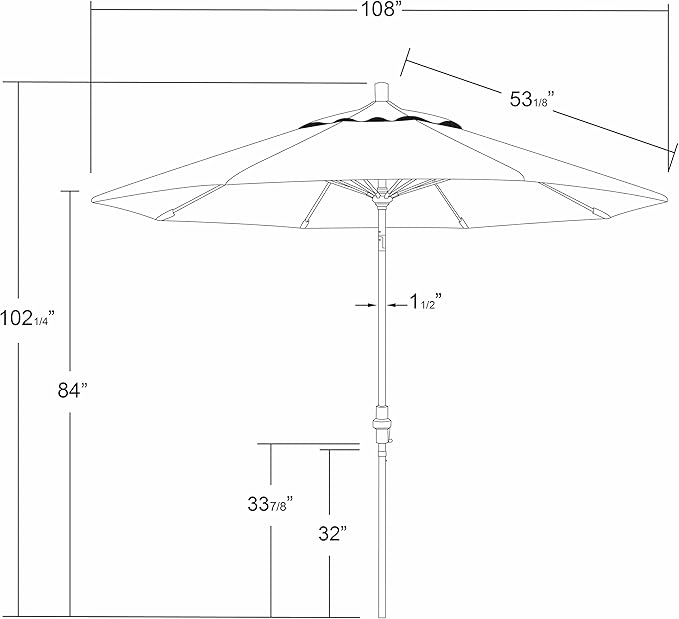 California Umbrella 9' Round Aluminum Pole Fiberglass Rib Market Umbrella, Crank Lift, Collar Tilt, Black Pole, Sunbrella Spectrum Mist