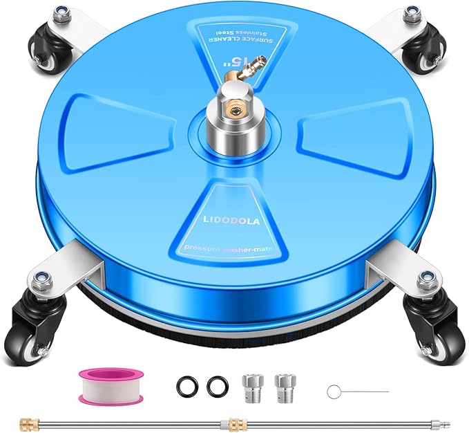 15" Pressure Washer Surface Cleaner with 4 Wheels - Coated Blue Stainless Steel Surface Cleaner for Pressure Washer Attachment for Concrete, Driveway, Patio, Sidewalk, Deck and Driveways - PWS15B