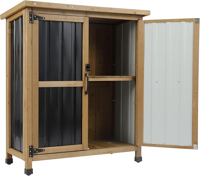 Outdoor Storage Cabinet, Small Wood & Metal Storage Shed with Lockable Doors & Adjustable Shelves, Vertical Outdoor Cabinets for Patio Backyard,Garden Tool Shed and Accessories, Brown