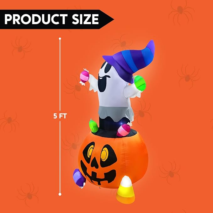 Joiedomi 5 FT Tall Halloween Inflatable Ghost Outdoor Decor, Blow Up Ghost Gripping Candy on Pumpkin with LED Lights, Halloween Yard Decoration for Garden