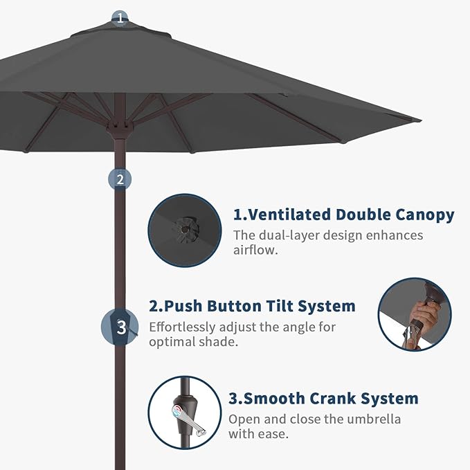9FT Patio Umbrella with Fiberglass Ribs, Outdoor Market Table Umbrella with Crank and Tilt, UV Resistant Waterproof Canopy for Patio, Garden, Deck, Pool, Gray