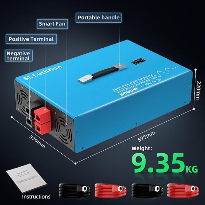 5000W Pure Sine Wave Power Inverter Voice Control AI Voice Assistant Support English 12V to 120V 60HZ with LCD Display, USB Port, for Car Home Laptop Truck