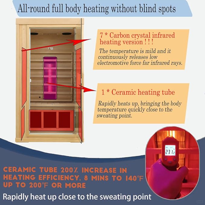 Ceramic Infrared Sauna, 1 Person Infrared Sauna, Hemlock Wood Home Sauna Spa, Far Infrared Sauna Indoor, Low EMF Infrared Saunas for Home with Smart Display, Bluetooth Speaker,1,240 watt