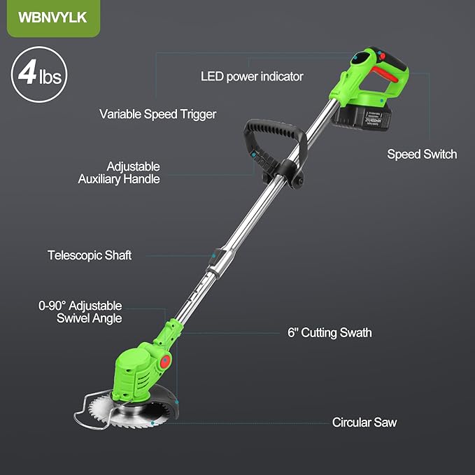 Electric Weed Wacker Cordless, 4-in-1 Cordless Weed Wacker, Battery Powered Weed Eater String, 21V Electric Weed Eater, for Lawn, Bush Trimming(with 2 x 4.0Ah Batteries and Fast Charger Included)