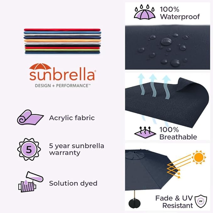 Midtown Umbrellas Sunbrella Umbrella Outdoor Patio Umbrella 2-9 Feet in Canvas Navy Acrylic Fabric, Auto-Tilt Aluminum Frame For Backyard Umbrella, Deck Umbrella & Porch Umbrella - Wooden Pole