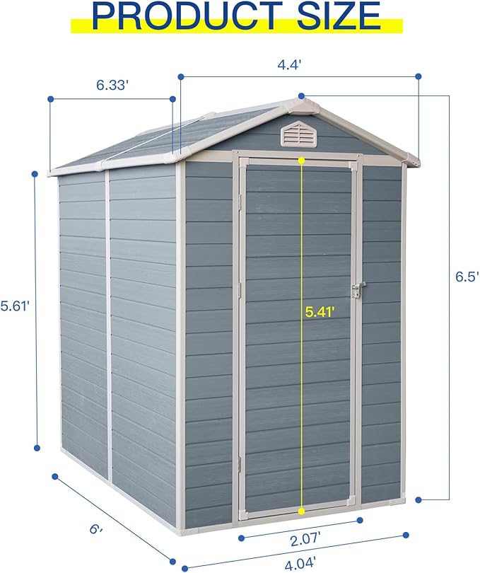 4x6 ft Outdoor Resin Storage Shed with Floor, Waterproof Plastic Garden Shed with Lockable Door and Windows, All-Weather Tool Sheds for Backyard, Patio, Lawn (Grey)