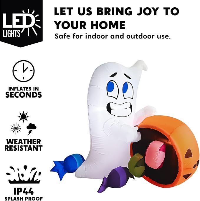 Joiedomi 5 FT Tall Halloween Inflatable Outdoor Decorations, Halloween Ghost Blow Up Yard Decorations, Inflatable Ghost with Candy Pumpkin Cauldron for Garden Decoration