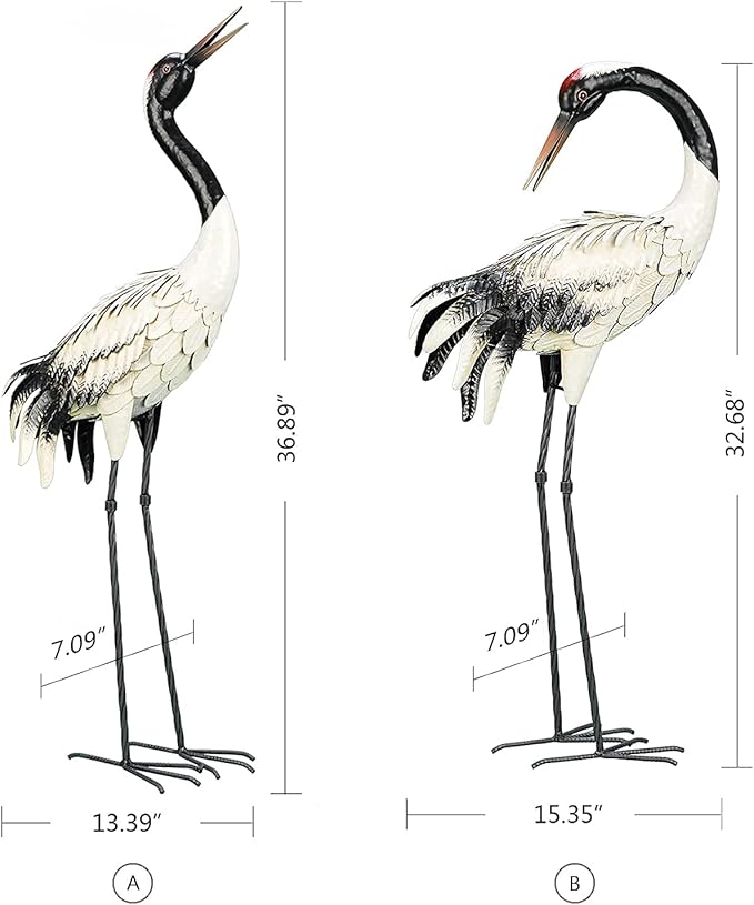 chisheen Garden Crane Statues Outdoor Heron Red Crowned Crane Metal Yard Art Sculpture,Set of 2
