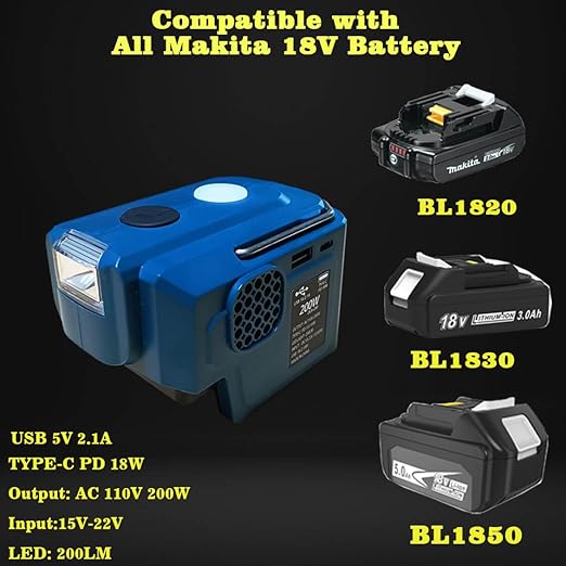 UIRSTY 200W Power Inverter for Makita 18V Battery, DC 20V to AC 110-120V Battery Inverter, Battery Powered Outlet with 1 USB Port & 1 Type-C & 1 AC Outlet,LED Portable Power Station Charger Adapt