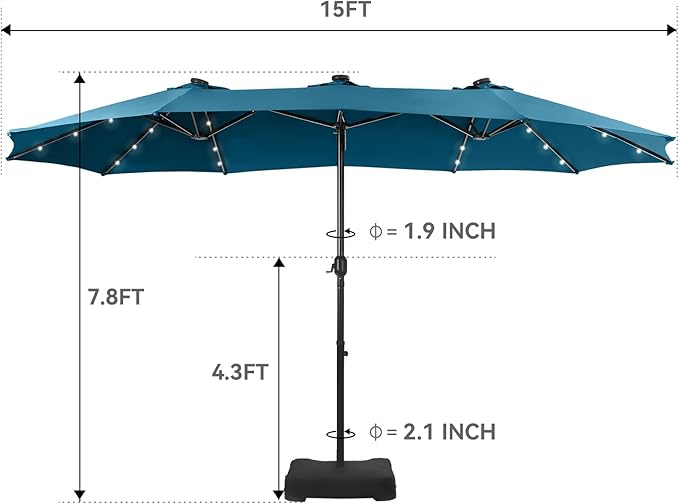 GREEN PARTY 15 ft Rectangle Patio Umbrella with Solar Lights and Base Included, Double-Sided Market Table Umbrella with Crank, Large Outdoor Umbrellas for Patio Poolside Garden Backyard, Cerulean