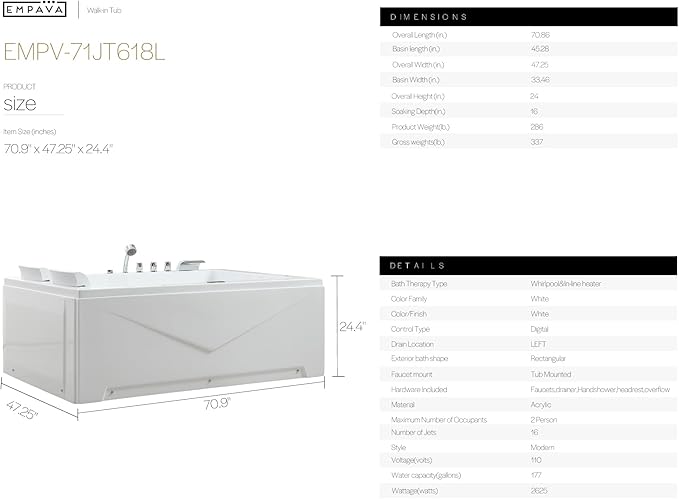 Empava 2 Person Heated Soaking Whirlpool Bathtub, 71” Jetted Tubs with 16 Jets(8 Water Jetted + 8 Air Bubble), Acrylic SPA Bath Tub, with LED control panel, Faucet and two white pillows