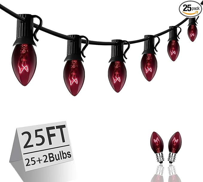 C7 String Lights,25FT Black Halloween Christmas String Lights for Outdoor Indoor Use,25 Clear C7 Black Bulbs String Light-Black Wire