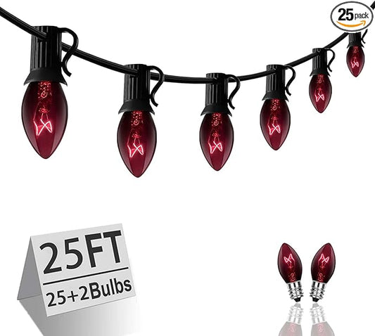 C7 String Lights,25FT Black Halloween Christmas String Lights for Outdoor Indoor Use,25 Clear C7 Black Bulbs String Light-Black Wire