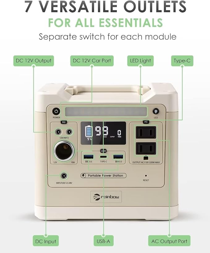 RAINBOW Portable Power Station 320W, 298Wh Backup LiFePO4 Battery, 2 x 110V/320W(Peak 640W) AC Outlets, Solar Generator for Outdoor Camping, Quick Charge for Home, Hiking