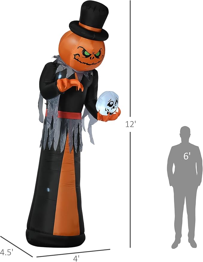 12ft Inflatable Halloween Decoration Pumpkin Reaper with Skeleton Skull, Waterproof Outdoor Decorations, Blow Up LED Yard Decor for Garden, Lawn, Party, Holiday