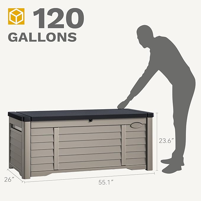 DWVO 120 Gallon Outdoor Storage Box, Large Resin Deck Box with Louver Design, Lockable Patio Storage Bin for Indoor and Outdoor Use, Pillows, Tools, and Pool Supplies -Black & Brown