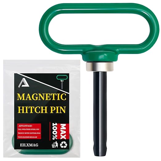 Magnetic Hitch Pin, Lawn Mower Trailer Hitch Pins 1/2 Inch - Strong Heavy Duty Magnet Trailer Gate Pin for Mowers, Lawn Tractors, Towing Cargo, ATV - Simple One Handed Hook On & Off（Green）