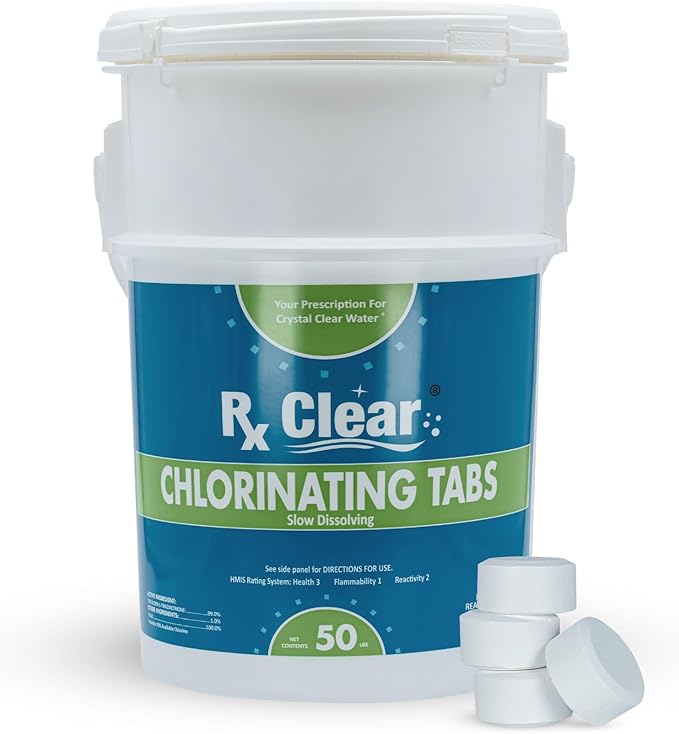 Rx Clear 1" Inch Chlorine Tabs | 50 Pounds | Use Tablets as Bactericide, Algaecide, & Disinfectant in Swimming Pools | Stabilized, Long Lasting, Slow Dissolving, & UV Protected