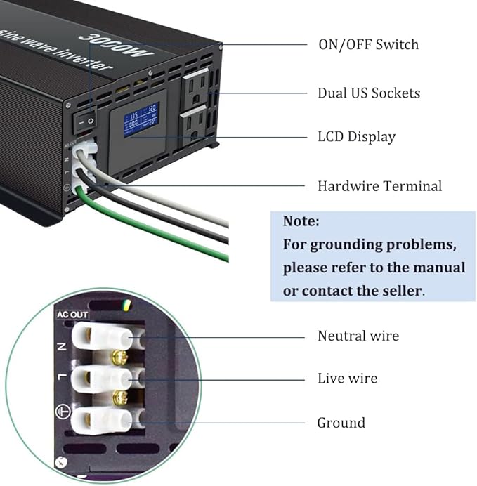 WZRELB Pure Sine Wave Inverter 3000W 24VDC to 120VAC Solar Power Peak 6000W Converter Truck RV Home LCD Display, Black (LN300024)