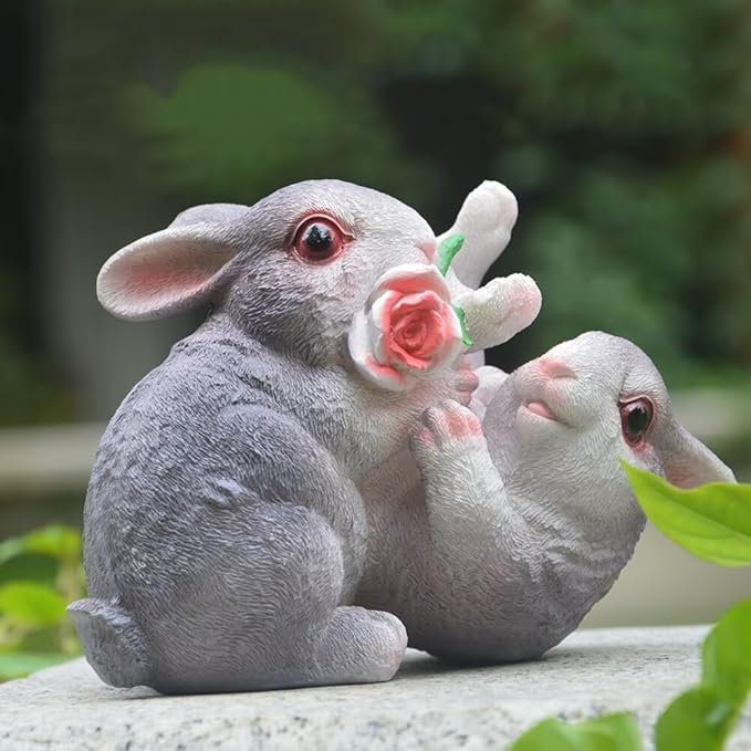 Garden Statues Bunny Decor Resin Flower Rabbit Figurine Cute Fairy Garden Decor Outdoor Statues for Patio Yard Porch Balcony Gifts for Women Mom Grandma Grey