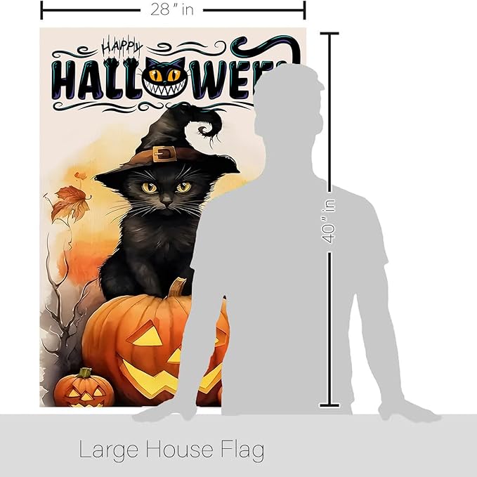 DECORLUXES Halloween Cat House Flag 28x40 Double Sided, Vertical Double Sided Happy Halloween Pumpkin Holiday Outside, Yard Outdoor Decoration for Hom (House + Garden flag)