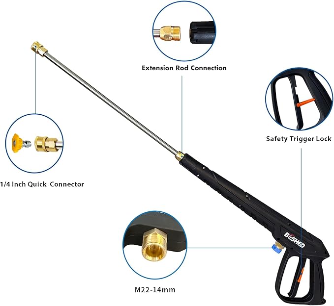 Durable Pressure Washer Gun Kit, Power Washer Gun with Replacement Extension Wand, M22 Fitting, 5 Spray Nozzle Tips, 37 Inch, 3000 PSI