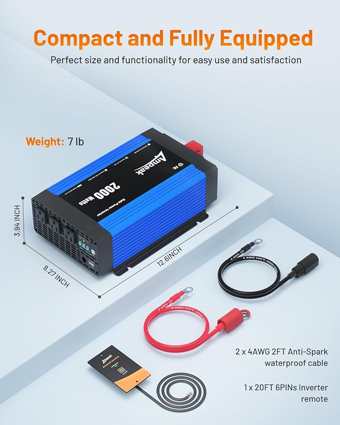Ampeak 2000W Inverter with Anti-Spark Waterproof Cable Power Converter Conversion Efficiency 89.37% 12V to 110V 3AC Outlets Dual 5V/3.1A USB Ports Modified Sine DC to AC Inverter for Vehicles