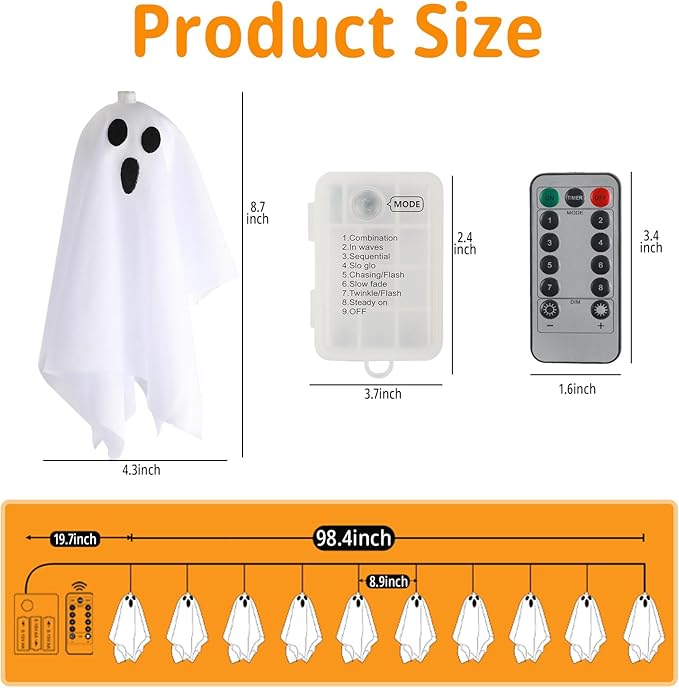 10p Halloween Decorations Outdoor,Ghost Decoration with Remote Control String Lights,Halloweens Party Decoration Indoor Porches Yards Gardens Lawn