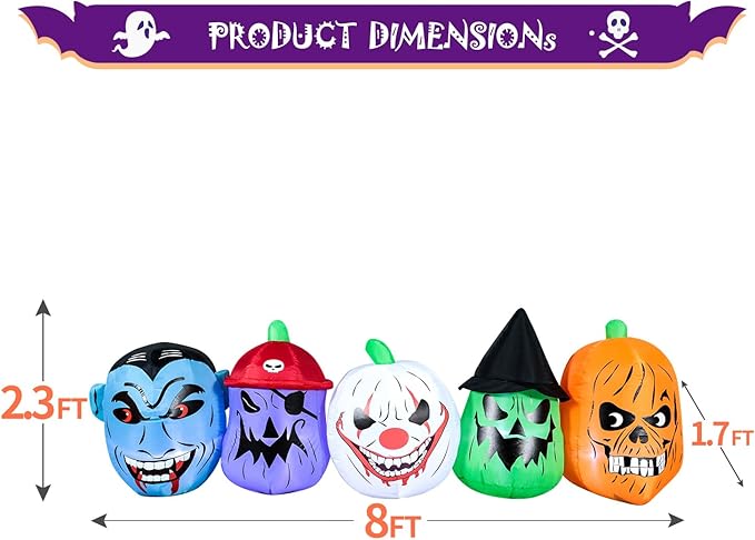 DomKom Halloween Inflatable Blow Up Decorations, 8FT Vampire Pirate Clown Witch and Spooky Pumpkin Giant Head, Built-in LEDs for Halloween Party, Garden, Lawn, Yard Décor