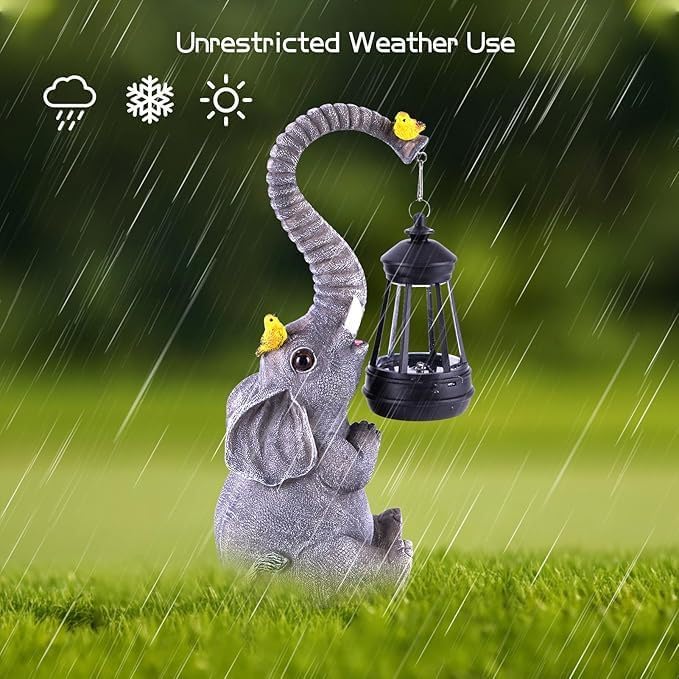 Elephant Garden Statues with Solar Lantern, Outdoor Figurine Resin Sculpture Hanging Solar Power Lights for Decoration Yard Patio Balcony Lawn Ornament Art Decor, Unique Gift for Grandma Wowen Mom