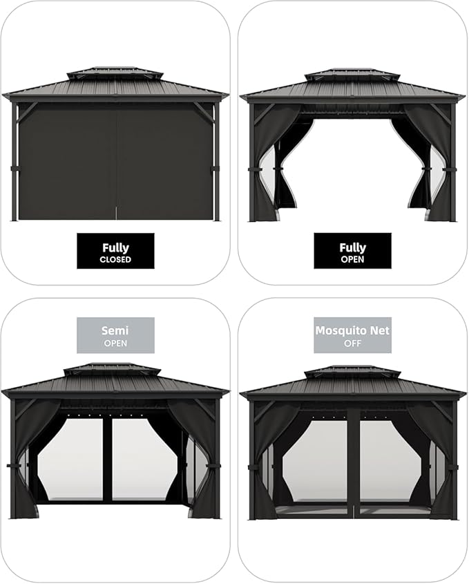 GAOMON Hardtop Gazebo 12'x14' for All Weather, with Double Metal Roof, Aluminum Alloy Frame, Net, and Curtain, Permanent Building of Backyard Luxury for Patio, Deck, Backyard, Lawn, and Garden, Gray