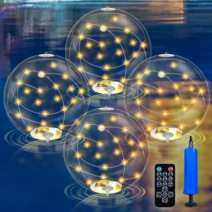 4 Pack Solar Floating Pool Lights, 14 Inch 3000K Warm White Inflatable LED Pool Balls with Remote, IP68 Waterproof Pool Lights That Float for Swimming Pool Party Yard Outdoor Decor