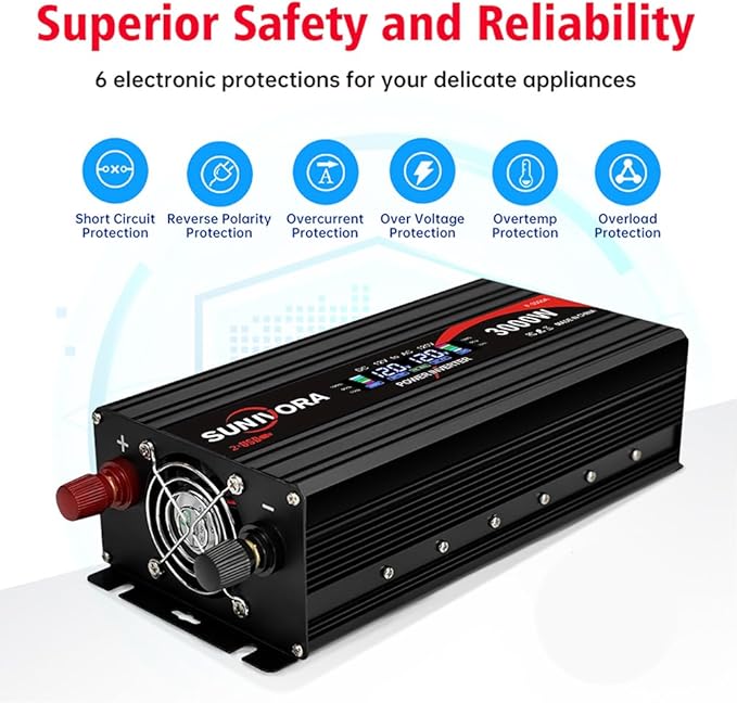 3000 Watt Inverter with LCD Display 12V DC to 110V/120V AC 60HZ Car Power Inverter with 3 AC Outlets & Dual USB Ports for Car RV Truck Camping
