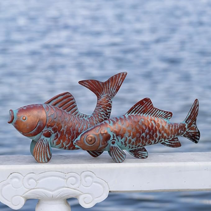 Set of 2 Koi Fish Decor Outdoor Statue Sculpture Garden Pond Fishes Yard Art Antique Copper Koi Sculptures & Statues Large Metal Koi Fish Figurine Ornaments Décor Gifts for Women Mom Grandma