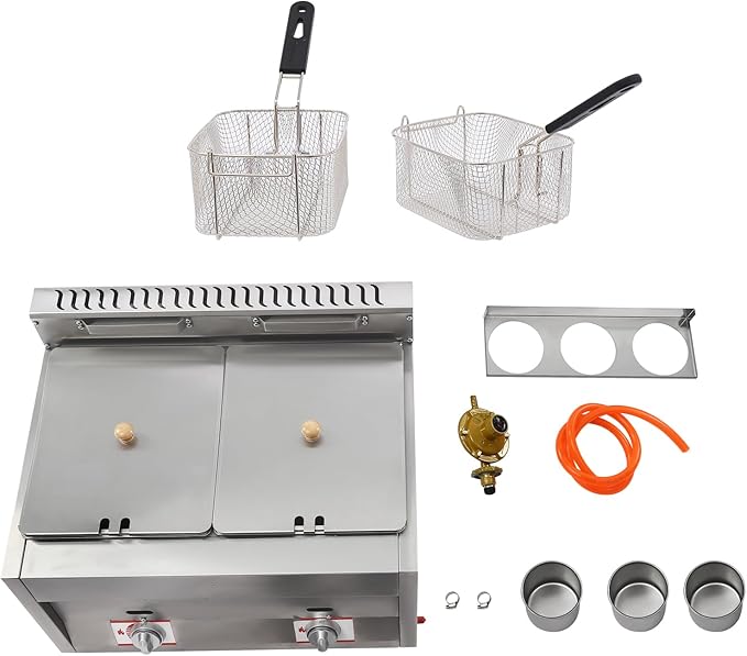 LYNICESHOP Stainless Steel Countertop Gas Fryer, Commercial LPG Gas Deep Fryer with 2 Basket Propane LPG Oil Frying Pot Kitchen Frying Machine Snack Fryer For French Fries Restaurant Home Kitchen