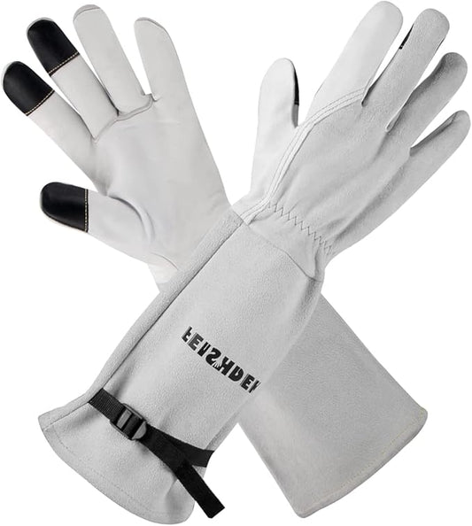 Garden Gloves Women/Men Thorn Proof, Deerskin Suede, 2 Layers Leather Rose Pruning Long Gardening Gloves for Cactus