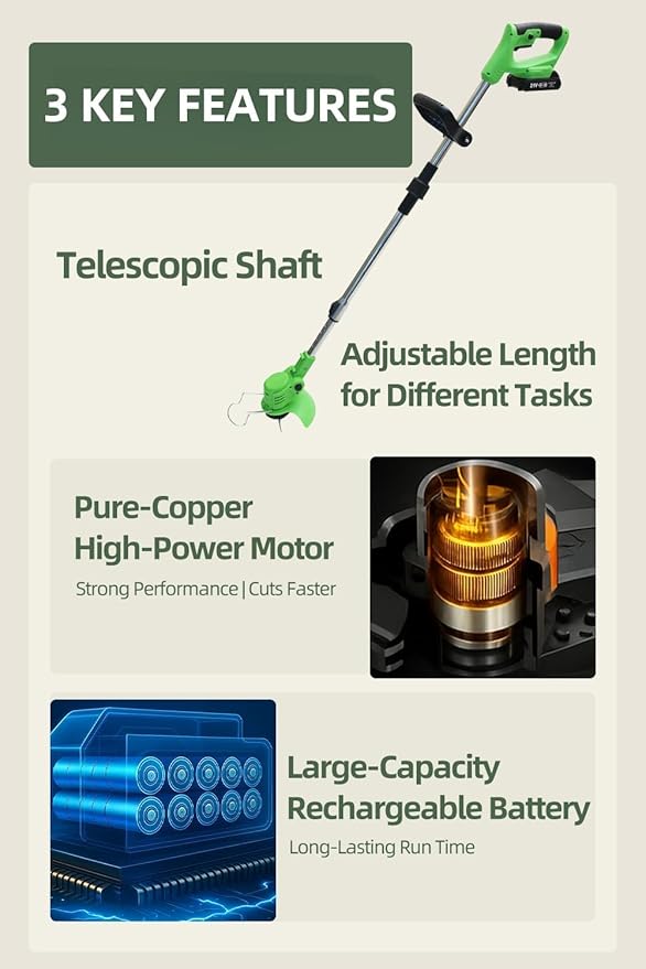 Cordless String Trimmer, Weed Wacker, Nylon Trimmer Head as Its Core Cutting Accessory, Telescopic Shaft and Foldable, 2 x Batteries, String Trimmer Cordless for Lawn, Garden and Yard, Green