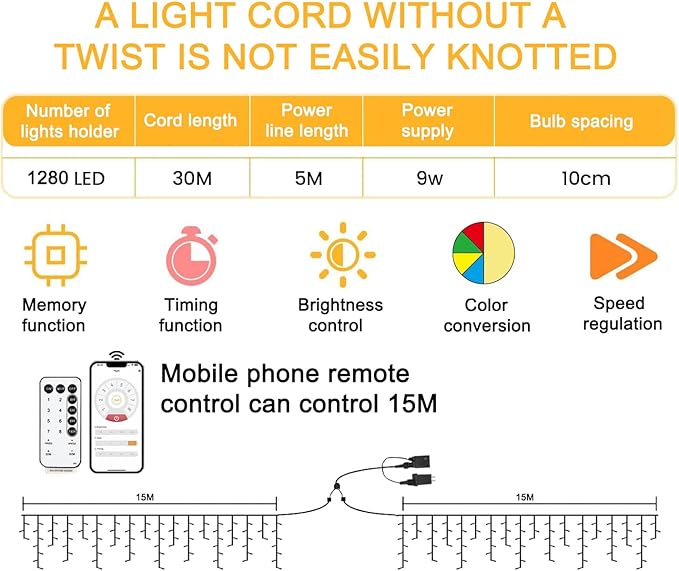 Christmas String Lights Outdoor, Warm White to Multicolor 98ft 1280 LEDs with App and Remote Control for Outside Yard Patio Eave Decorations
