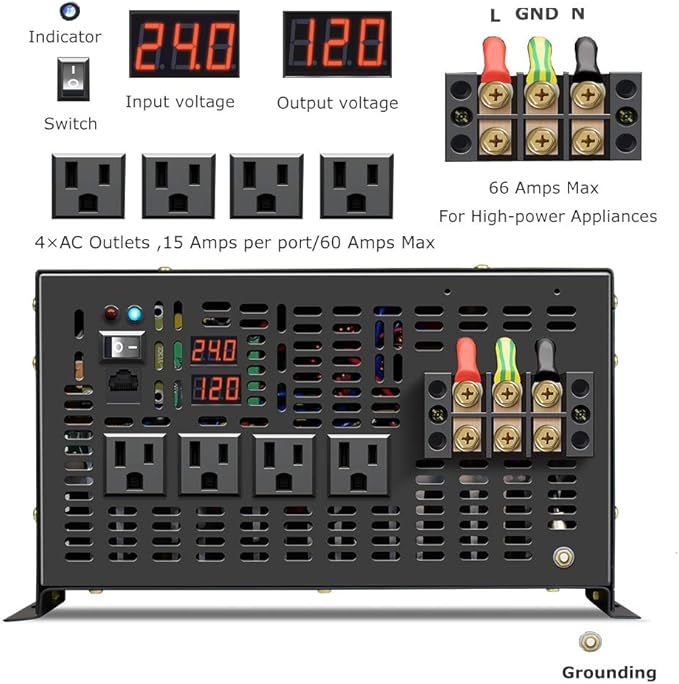 Reliable 8000W Continuous Power Heavy Duty Pure Sine Wave Power Inverter DC 24V to AC 120V with 4 AC Outlets Remote Control 66A Hardwire Terminal and LED Display for RV Car Solar System Emergency